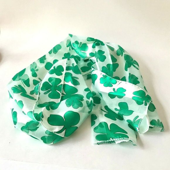 Green Satin Irish Celtic Shamrock Scarf White St. Patricks Day Chiffon 57" X 8" - Picture 4 of 9